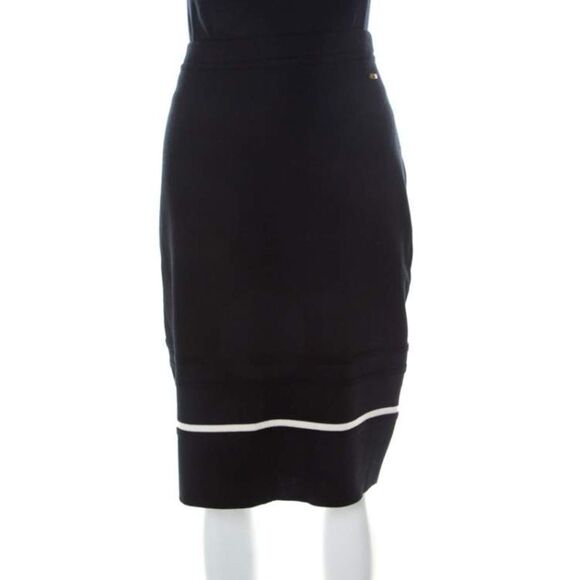 Escada Black Contrast Striped Wool Pencil Skirt Sz L - Picture 1 of 9